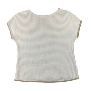 Pure Jill Women’s S Linen Cotton Knit Top Cream w/ Tan Contrast Hem Sleeves